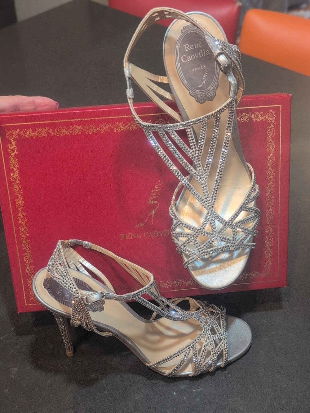 Rene Caovilla Silver Crystal-Strap Evening Sandal